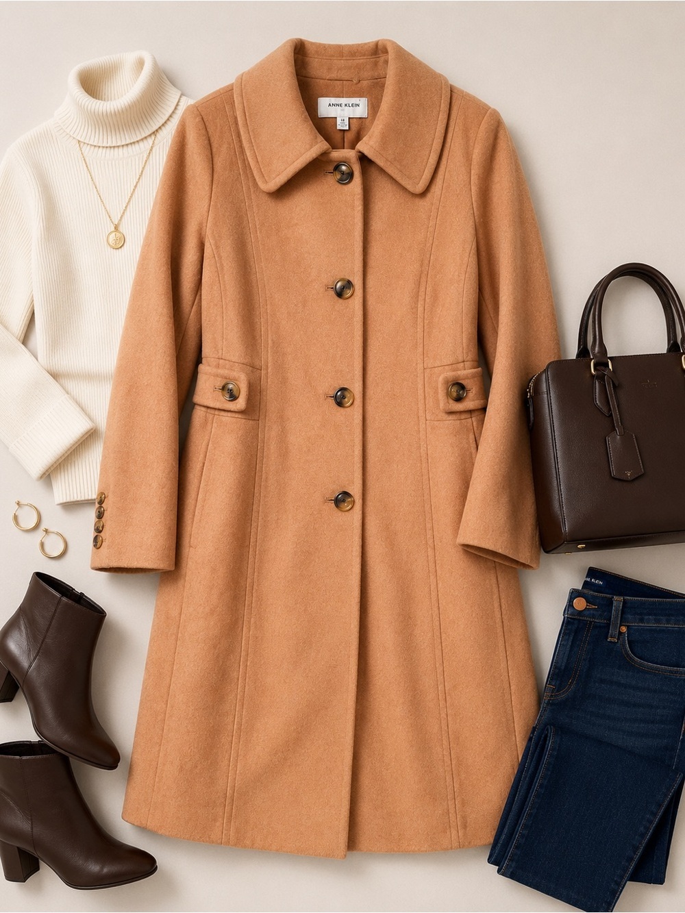Anne Klein Camel Cashmere Blend Walking Coat NWT Size 16